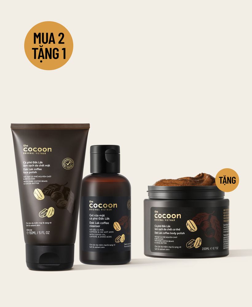 Gel rửa mặt cà phê 140ml + Tẩy da chết mặt cà phê 150ml tặng Tẩy da chết cơ thể cà phê Đắk Lắk 200ml